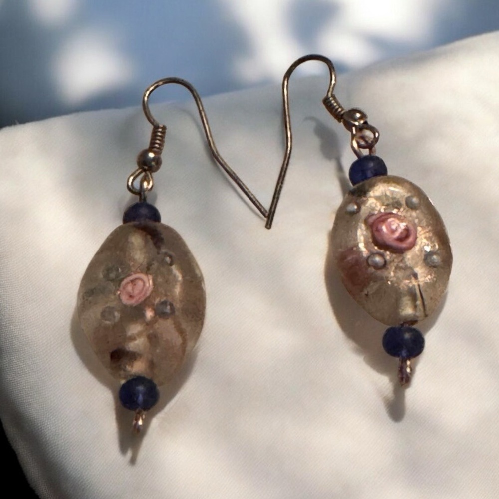 Fishhook glass bead Elegant Gold and Blue Floral Earrings